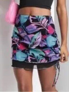 Women's Mesh Side Ruched Mini Skirt - Wild Fable - Black Leaf Print